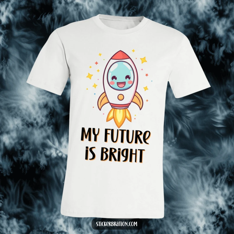 Funny rocket t-shirt featuring a smiling character blasting off, surrounded by a dazzling explosion of confetti and shiny stars.