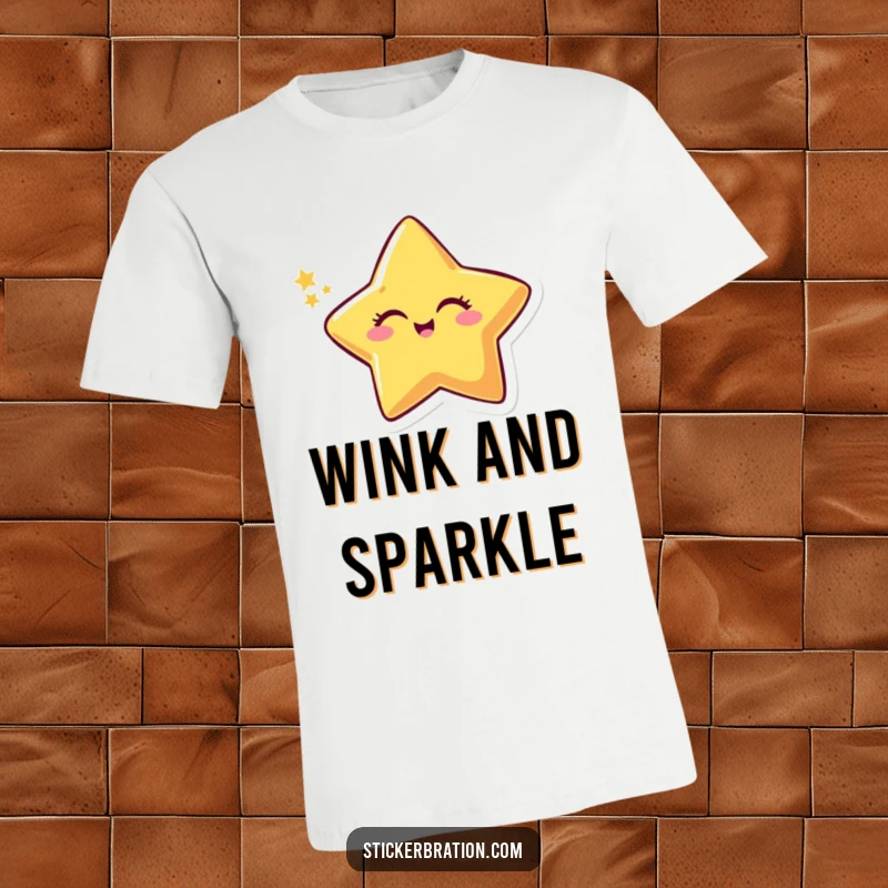 Funny t-shirt depicting a smiling star character winking mischievously, leaving a trail of glitter and sparkle, full of playful humor.