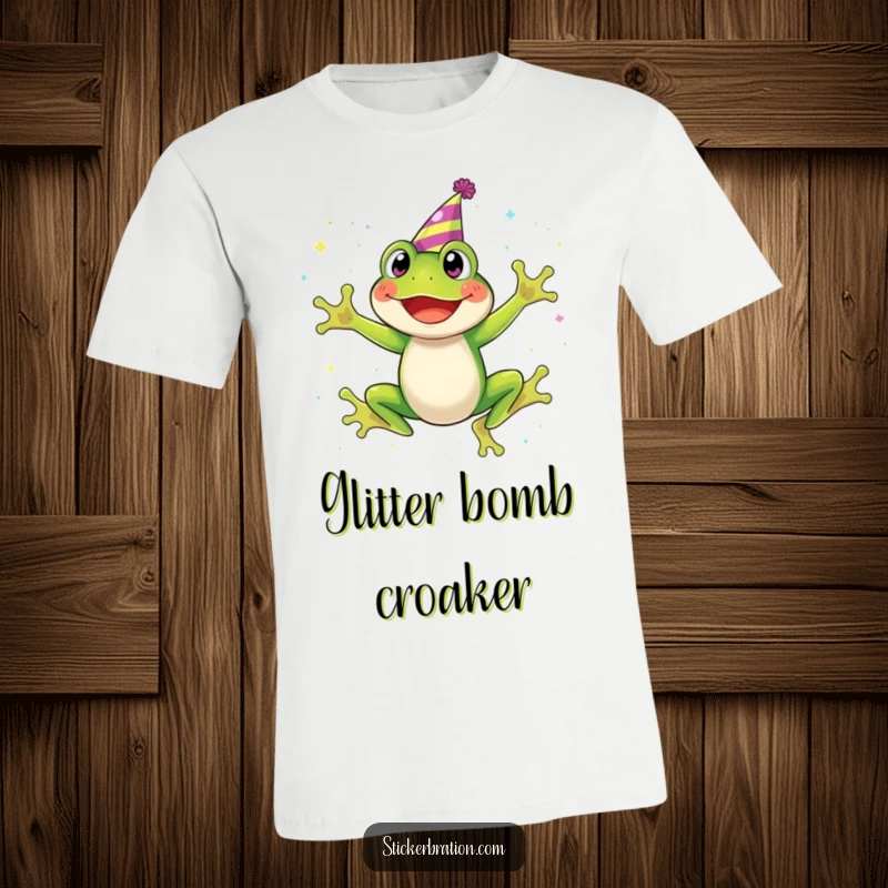 Funny t-shirt with a grinning frog sporting a party hat, mid-air jump, surrounded by a cascade of sparkling glitter.