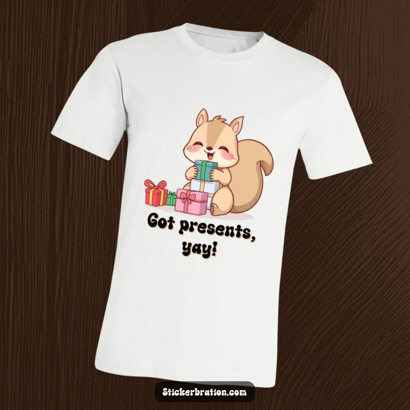 Funny t-shirt showing a giggling squirrel with a large stack of presents, perfect for expressing holiday excitement.