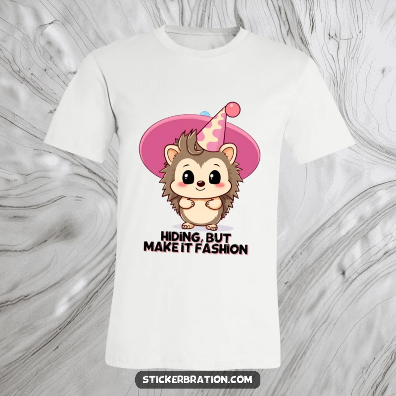 Funny hedgehog t-shirt depicting a timid character peeking from behind a giant party hat, ideal for introverts.