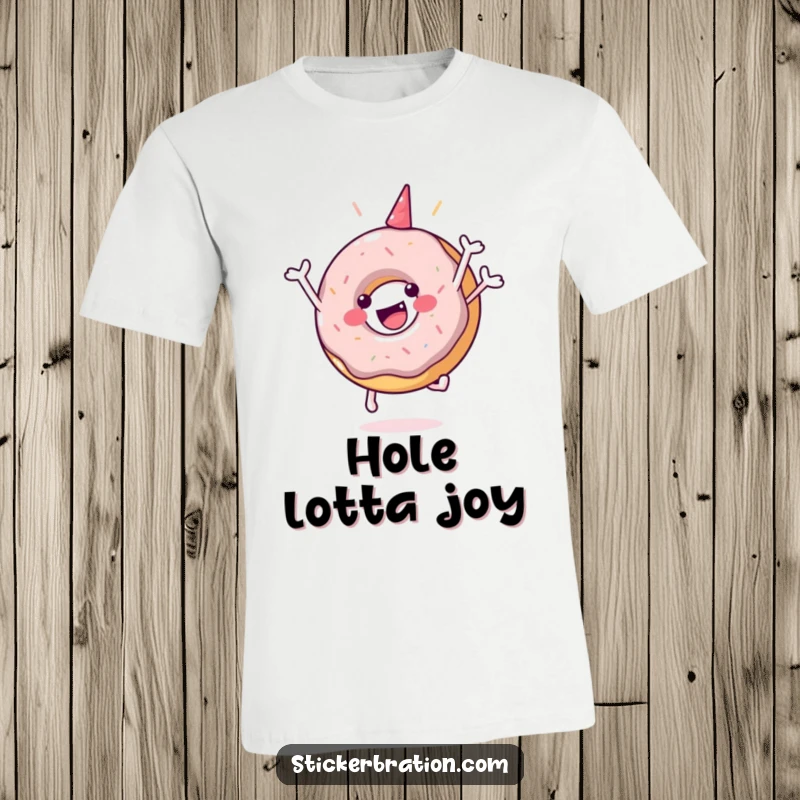 Funny t-shirt depicting a happy donut character performing an energetic celebratory jump, radiating pure joy.