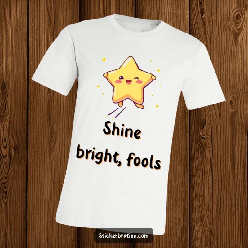 Funny t-shirt print of a star character joyfully leaping with spectacular glitter trails, perfect for expressing happiness.