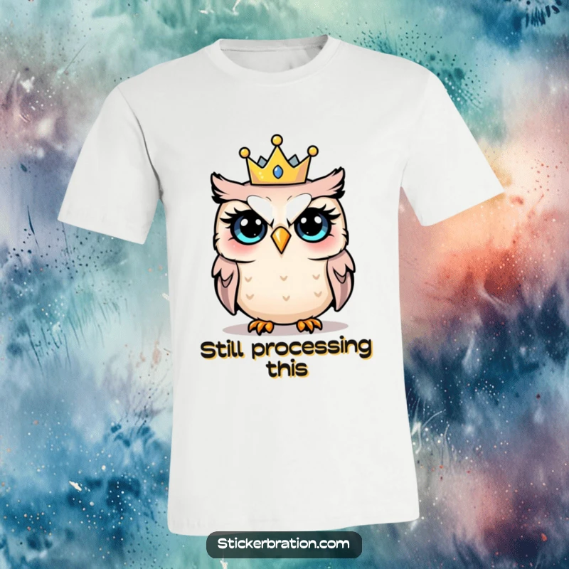 Funny t-shirt depicting a wide-eyed, astonished owl wearing a miniature party hat, mid-surprise at a festive event.