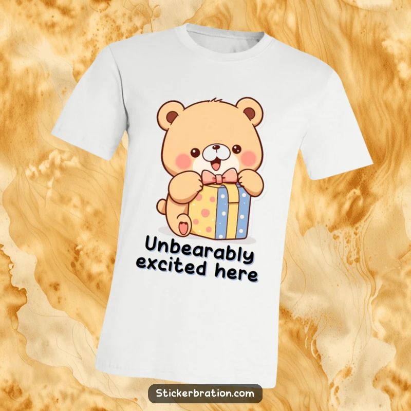 Funny t-shirt showing a chubby bear enthusiastically opening a colorful gift box, radiating pure joy and excitement.