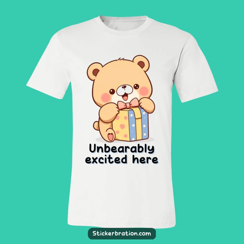 Funny Bear Unwrapping T-Shirt: Excited Gift Box Party Tee for Joyful People