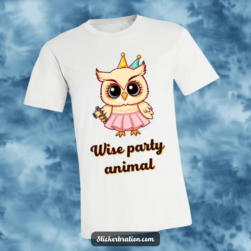 Funny t-shirt with a grinning owl wearing a party dress, holding a noisemaker, radiating festive fun and whimsical charm.