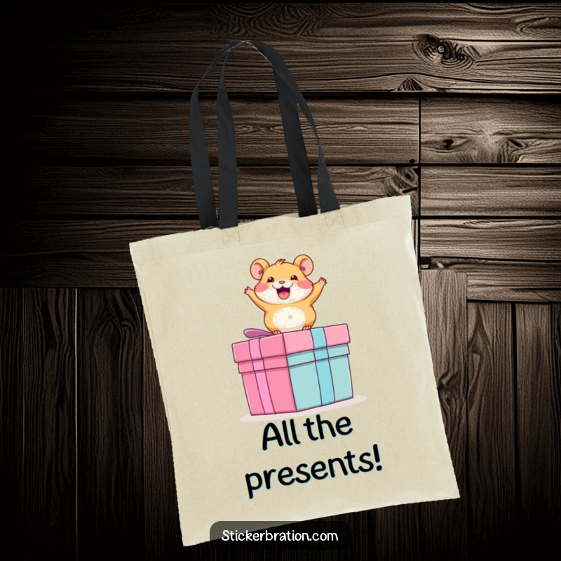 Funny tote bag illustration of an overjoyed hamster energetically bouncing high on a large, festive present box, ready for fun.