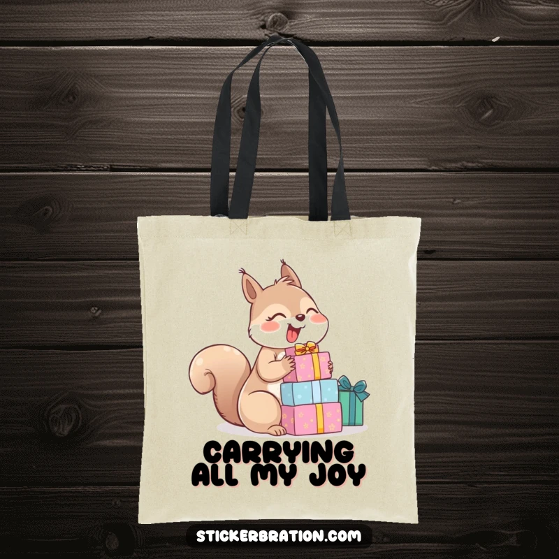 Funny tote bag showing a giggling squirrel holding a stack of presents, perfect for carrying your own happy finds.