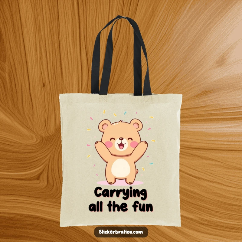 Funny cute bear character tote bag joyfully tossing confetti in the air, great for shopping and spreading joy.