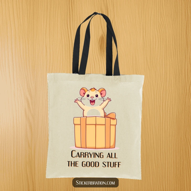 Funny hamster tote bag showing an excited hamster mid-bounce on a huge gift box, a delightful and humorous accessory.
