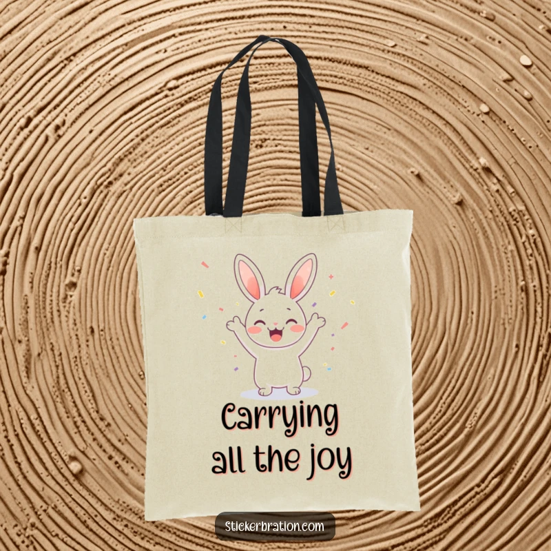 Funny tote bag featuring a cute bunny character celebrating with a shower of confetti, a stylish carry-all for party enthusiasts.