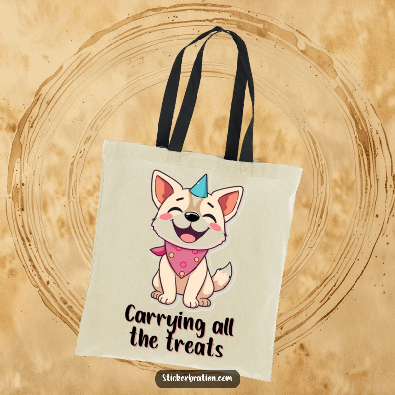 Funny dog character on a tote bag, wearing a party bandana and wagging its tail with excitement.