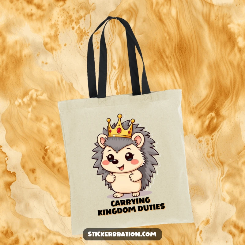 Funny hedgehog character on a tote bag, wearing a crown and striking a proud pose, fit for royalty.