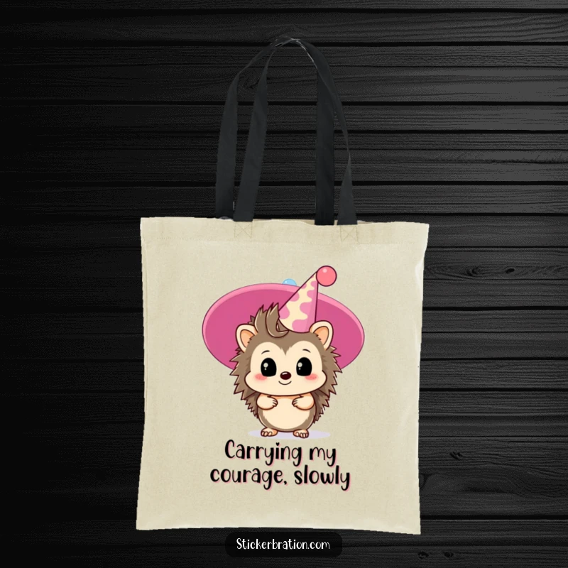 Funny hedgehog tote bag with a timid character peeking from behind a giant party hat, perfect for discreet carrying.