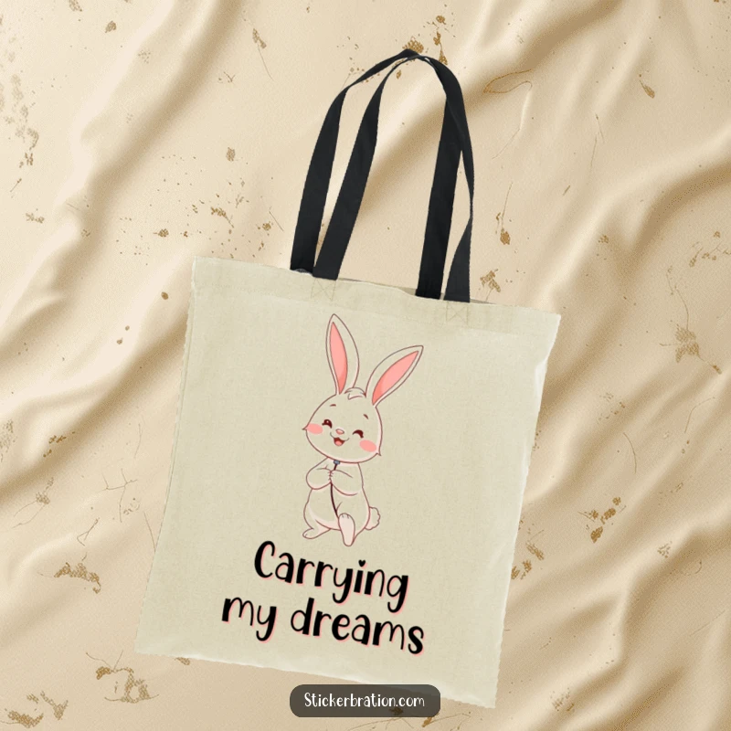 Funny tote bag illustrated with a cheerful rabbit holding the string of a huge balloon, symbolizing happiness and delightful journeys.