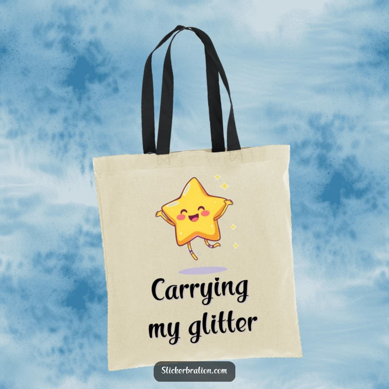 Funny tote bag featuring a smiling star character dancing joyfully, leaving a trail of bright sparkles, perfect for carrying treasures.