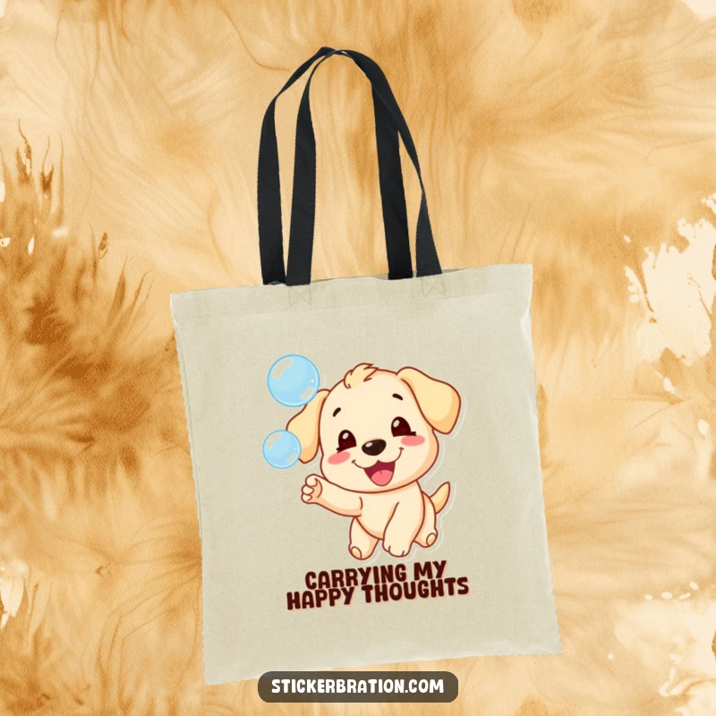 Funny tote bag showcasing a gleeful puppy character in hot pursuit of shimmering, airborne bubbles.