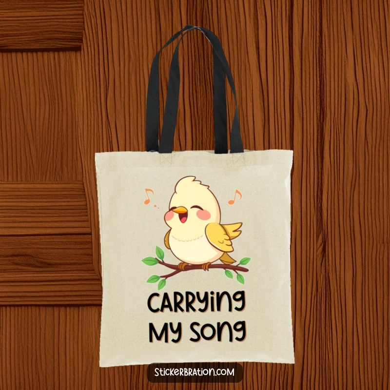 Funny Bird Song Tote Bag: A happy bird sings on a branch, a musical and charming tote for everyday use.