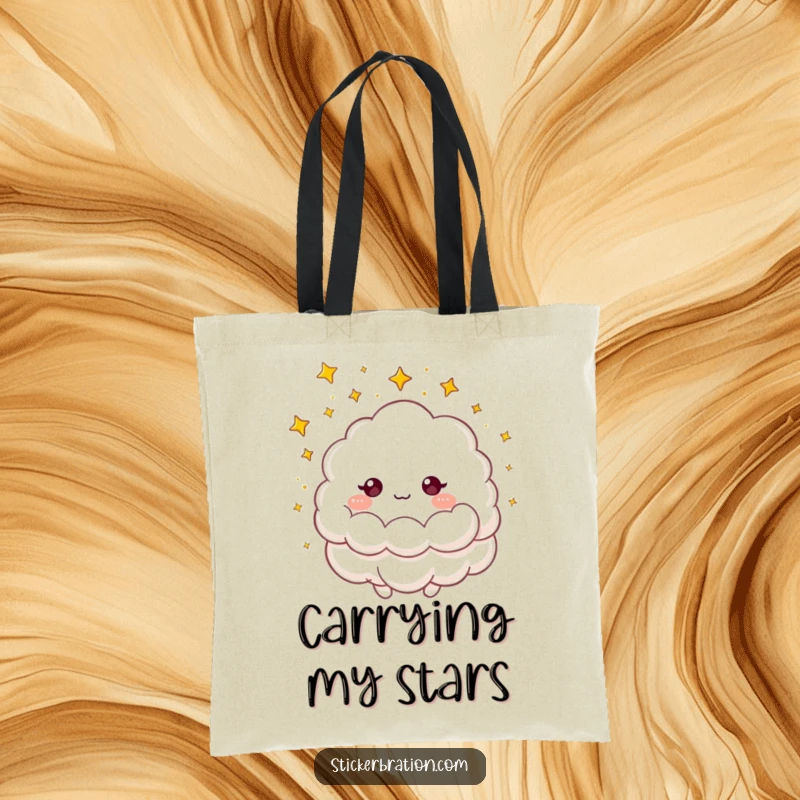 Funny tote bag with a fluffy cloud character showering tiny golden stars, perfect for carrying essentials with magical and humorous flair.