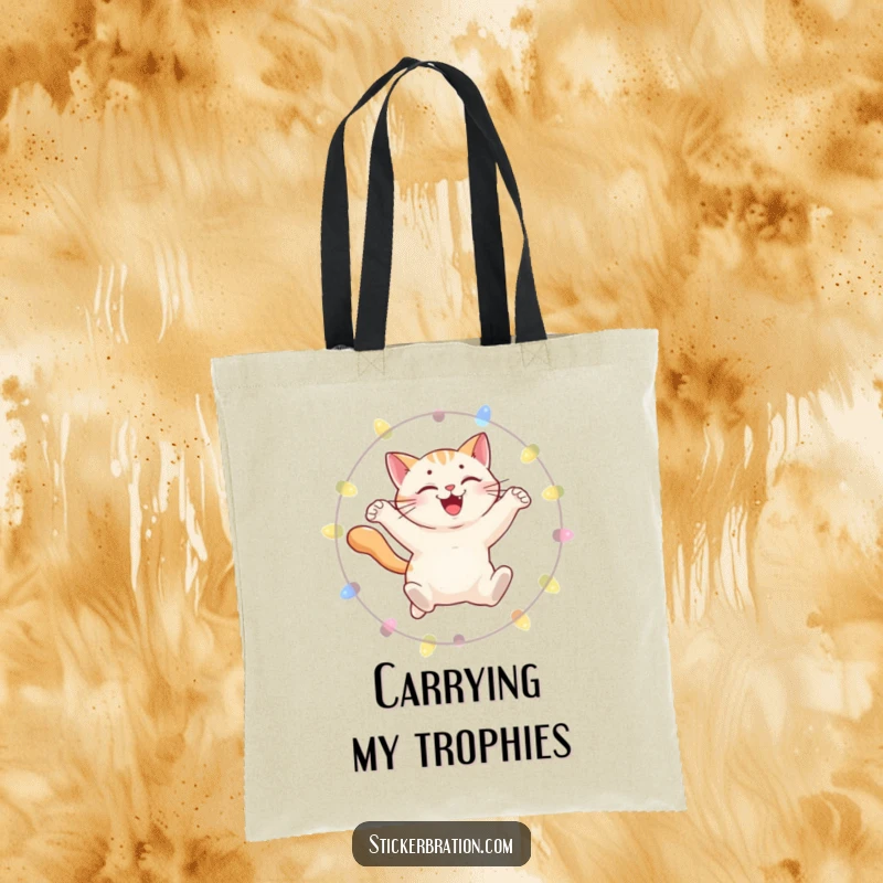 Funny tote bag featuring a smiling cat leaping through a hoop of lights, perfect for carrying essentials with flair.