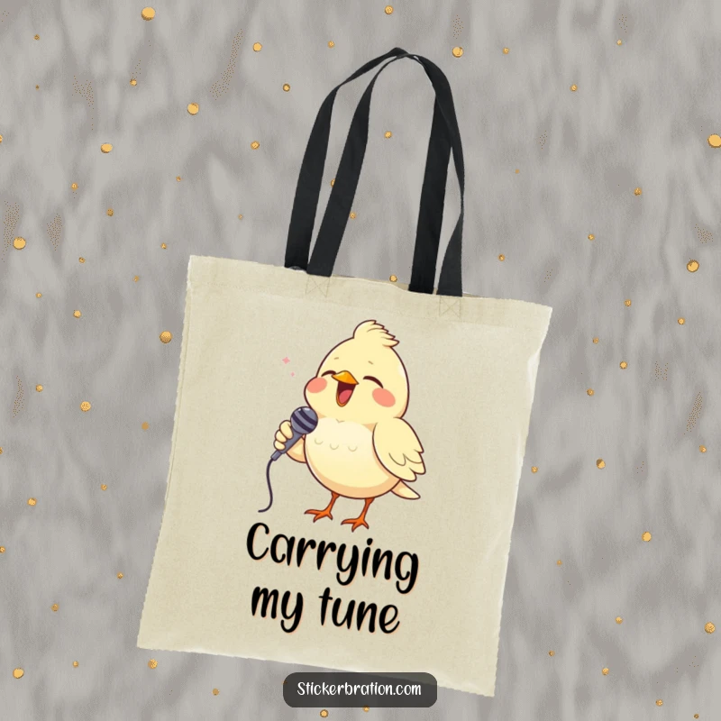 Funny tote bag featuring a cheerful bird singing into a tiny microphone, perfect for carrying essentials with musical flair.