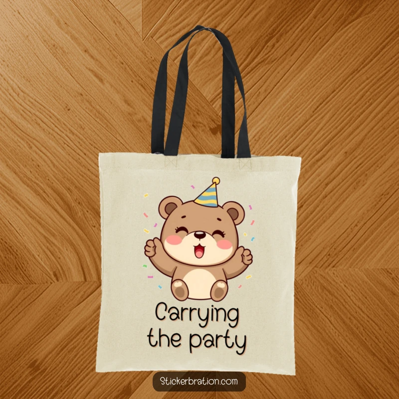 Funny tote bag illustrated with a cute bear in a party hat, happily cheering and releasing a shower of confetti.
