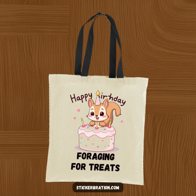 Funny tote bag with a mischievous squirrel character popping out of a birthday cake, perfect for carrying essentials.
