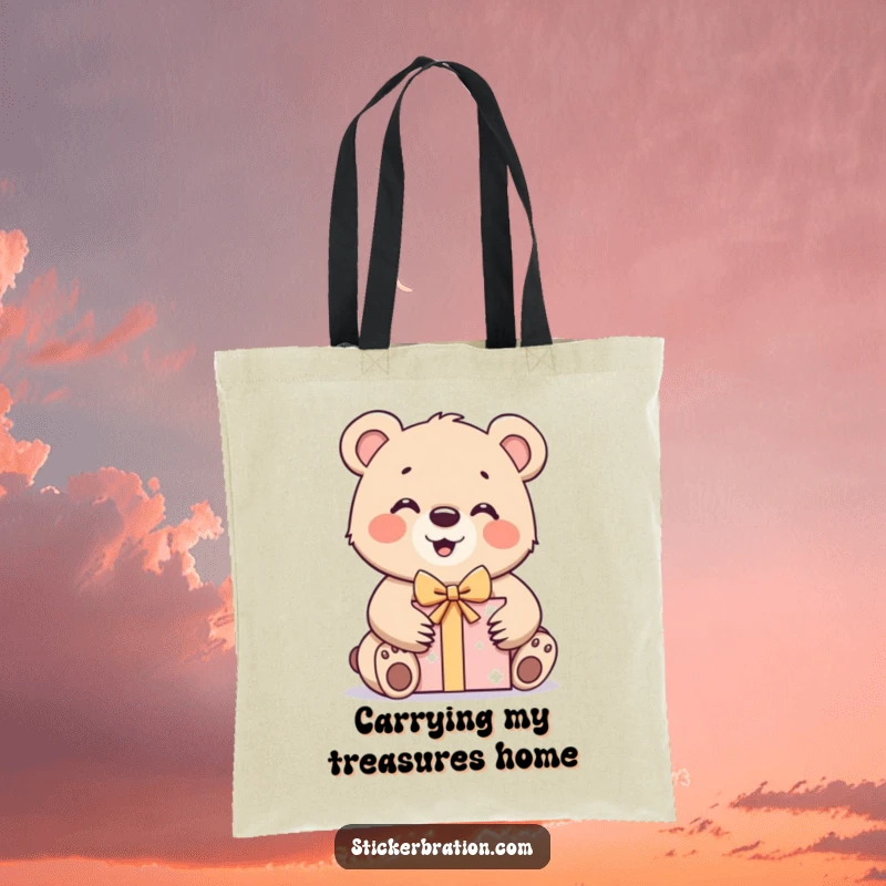 Funny bear cub tote bag with a character excitedly unwrapping a gift box, perfect for shopping and carrying presents.