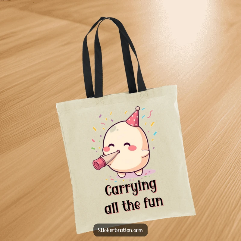 Funny tote bag featuring an adorable blob character gleefully blowing confetti from a party horn, symbolizing festive and humorous carrying.