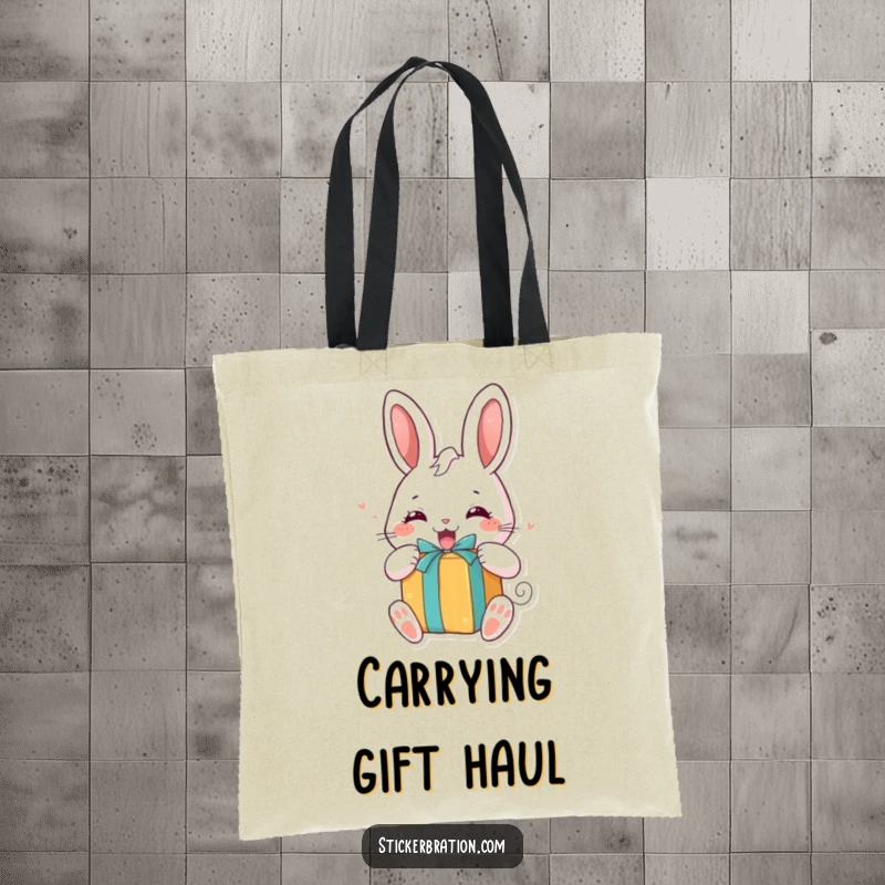 Funny tote bag featuring a chubby bunny character excitedly unwrapping a brightly colored gift, perfect for carrying gifts and goodies.