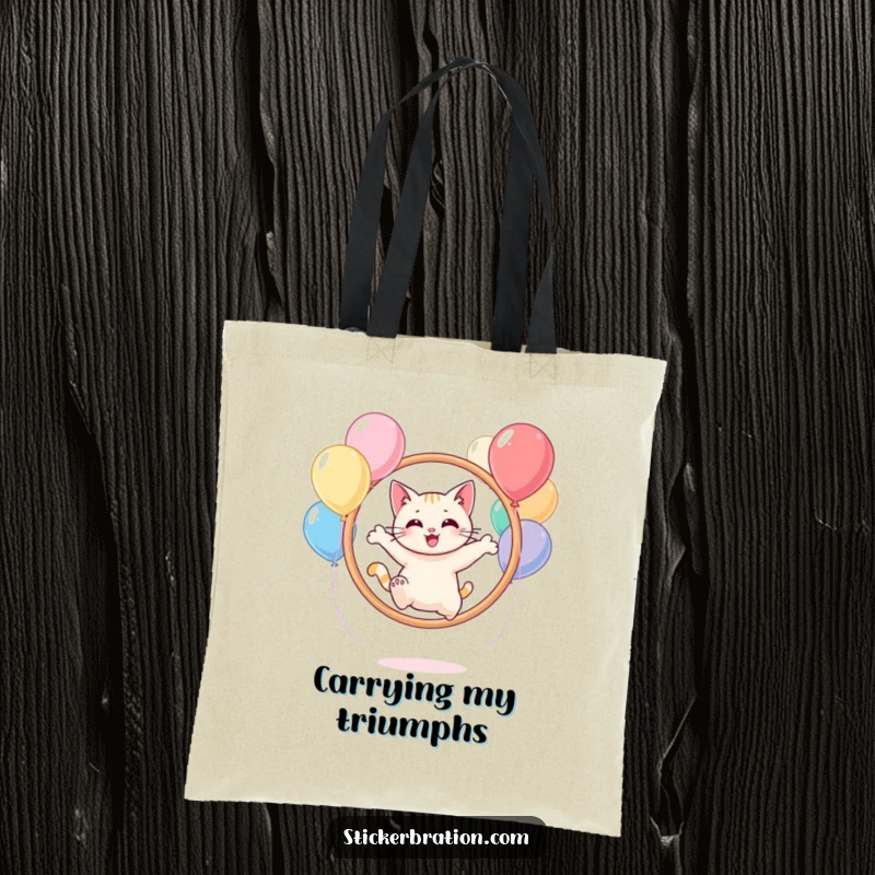 Funny cat character on a tote bag, leaping through a hoop of balloons with a happy bounce.