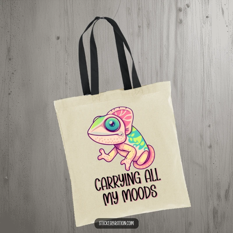 Funny chameleon tote bag with a cute, animated chameleon joyfully displaying its shifting colors, perfect for daily use.