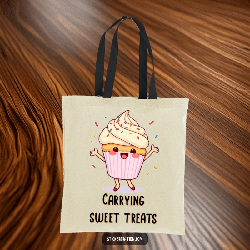 Funny cupcake tote bag featuring a dancing character happily showering sprinkles, ideal for carrying daily items with a touch of sugary fun.