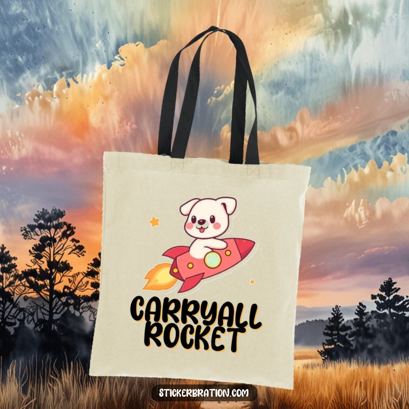 Funny cute dog riding a tiny rocket, featured on a stylish tote bag, ready for adventure.