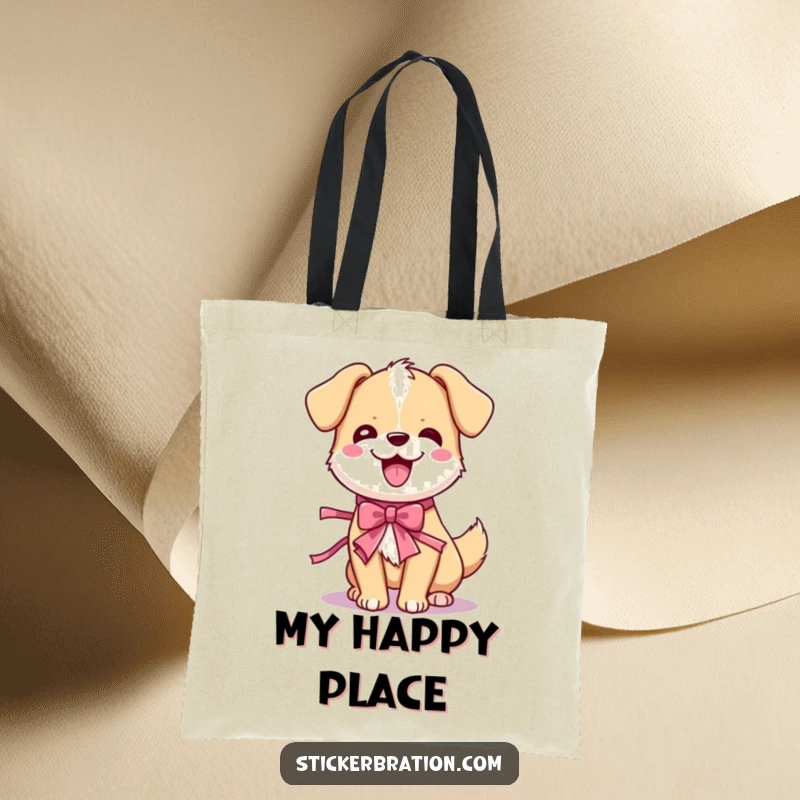 Funny dog wiggle tote bag depicting a cute cartoon dog in mid-wiggle, complete with a festive party ribbon, ready for fun.
