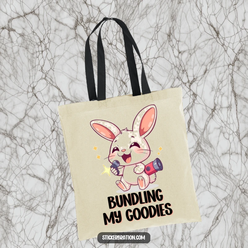 Funny tote bag showing an excited bunny with large ears holding a sparkling noisemaker, perfect for carrying items with a festive, fun flair.