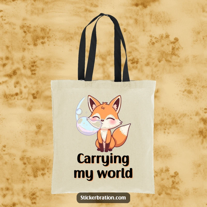 Funny bubbly fox character tote bag winking while blowing a giant bubble, great for shopping and fun outings.