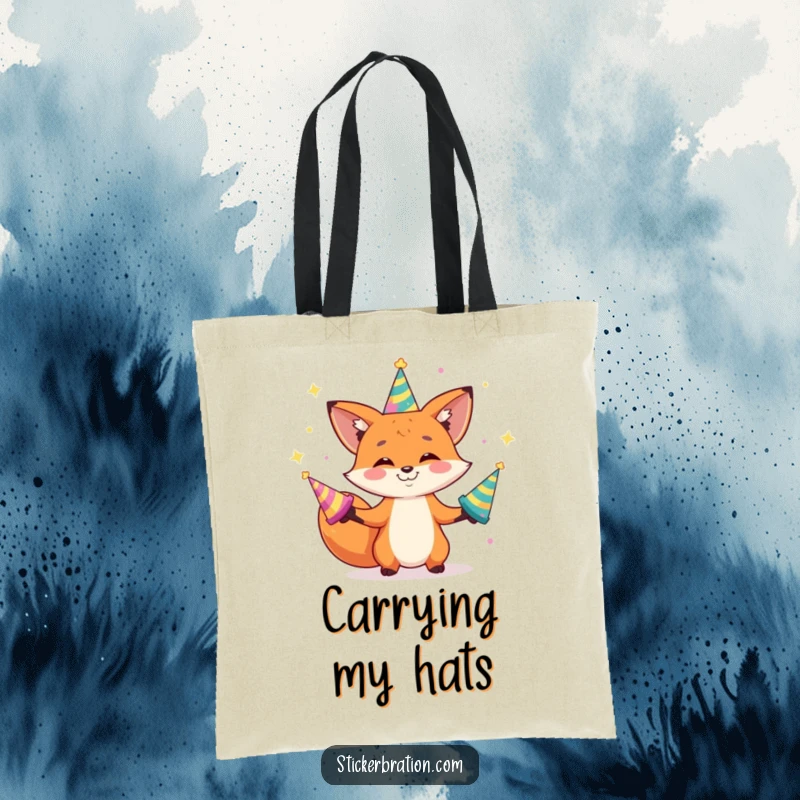 Funny tote bag with a grinning fox character juggling shiny party hats, perfect for carrying essentials with flair.
