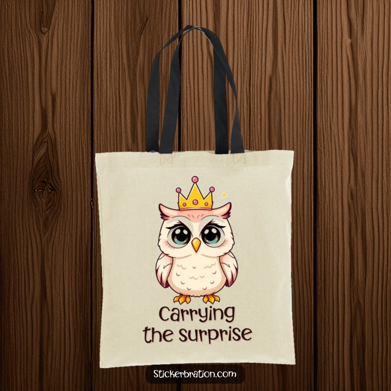 Funny tote bag featuring a shocked owl wearing a tiny party crown, perfect for carrying essentials with a smile.