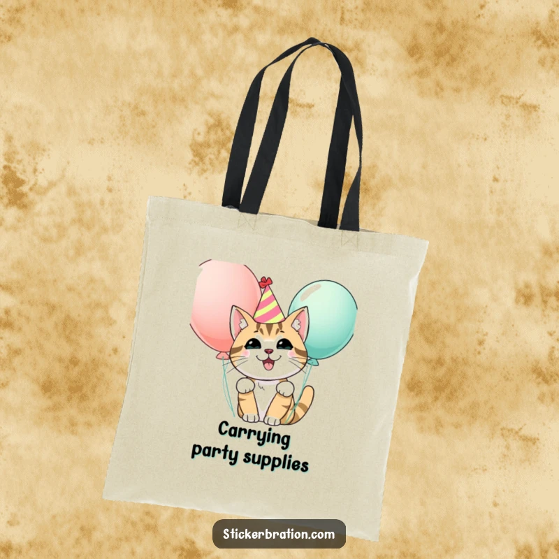 Funny tote bag showing a happy cat in a party hat peeking from behind balloons, perfect for carrying items with a festive, fun flair.