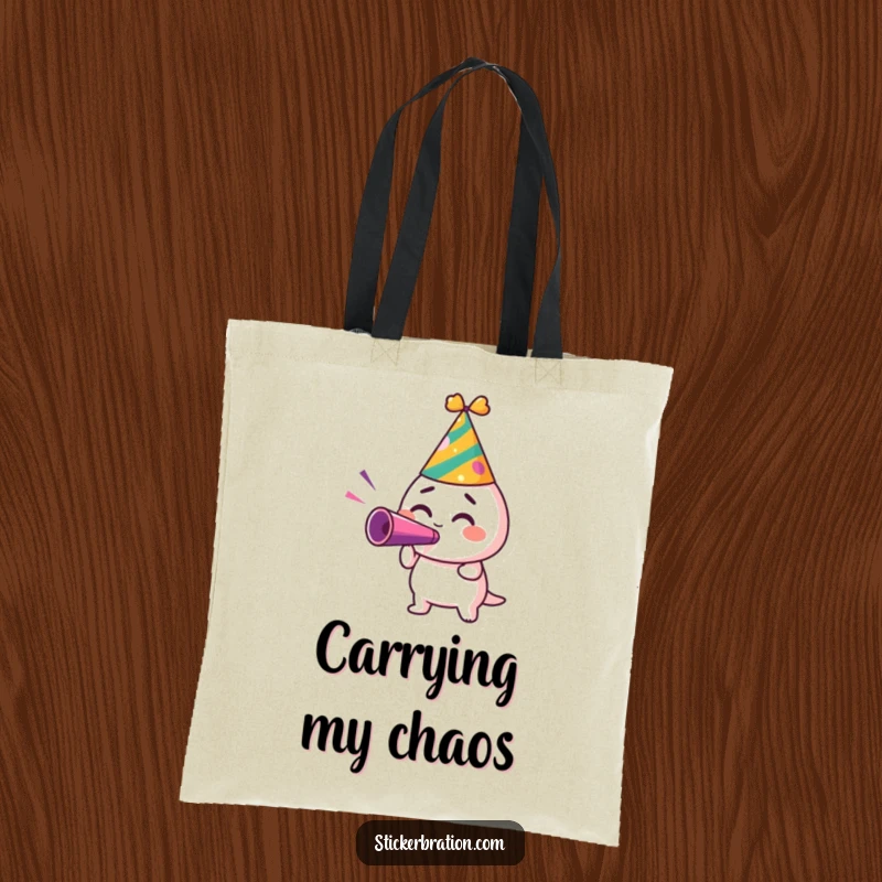 Funny tote bag with a character in a party hat, blowing a noisemaker with excitement, ideal for carrying party supplies.