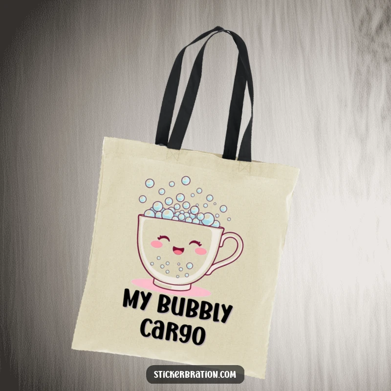 Funny tote bag featuring a happy teacup character overflowing with tiny bubbles, perfect for carrying essentials with bubbly and humorous flair.