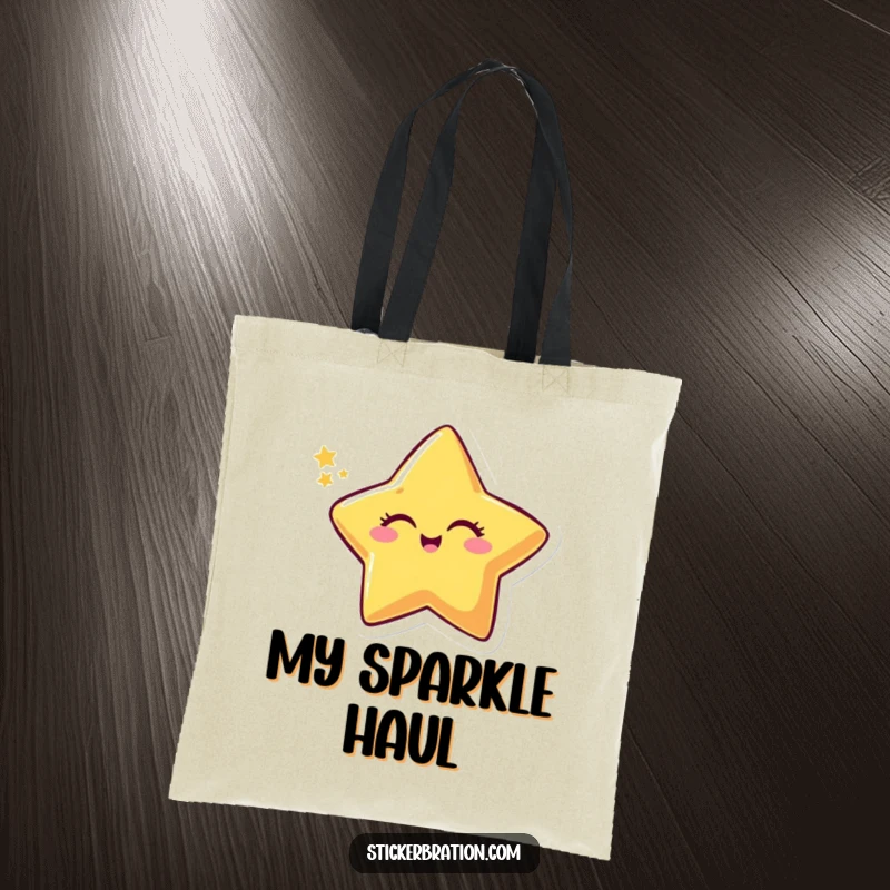 Funny tote bag featuring a smiling star character winking and leaving a sparkly trail, perfect for magical and humorous carrying.