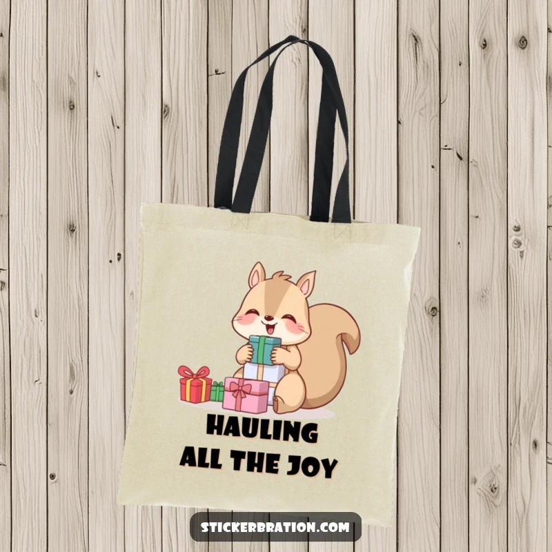 Funny tote bag featuring a giggling squirrel holding a large stack of gifts, perfect for shopping with a smile.