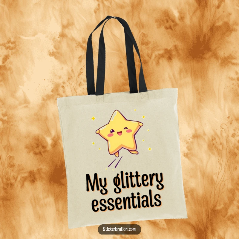 Funny tote bag with a star character leaping with joy, leaving trails of glitter, ideal for carrying everyday items.