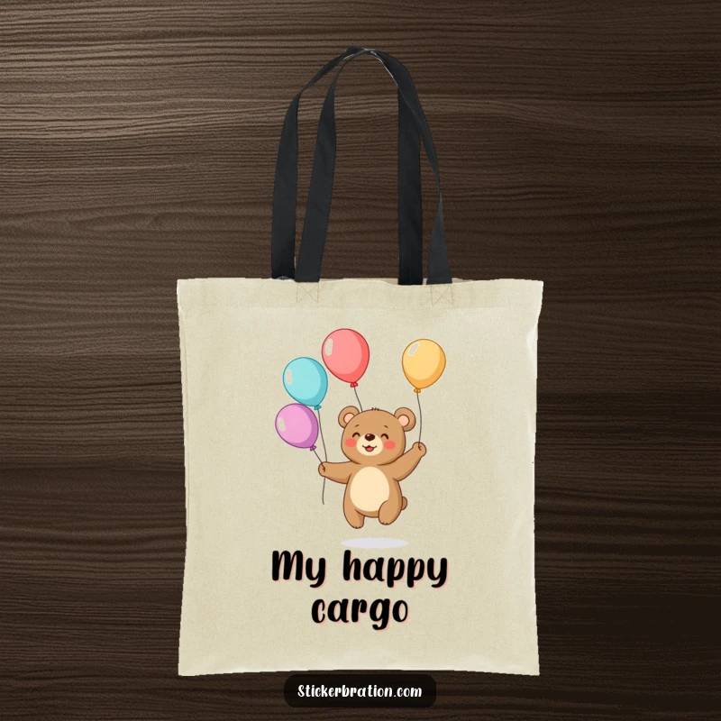 Funny tote bag featuring a cute, smiling bear juggling a parade of colorful balloons, perfect for humorous and practical carrying.
