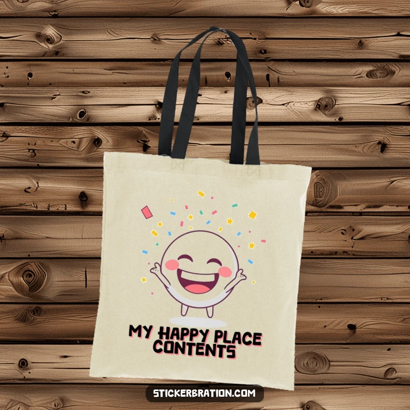 Funny tote bag with a round character grinning and throwing confetti, ideal for carrying party supplies.