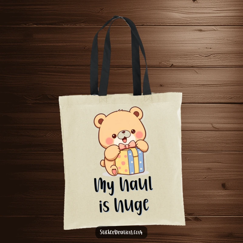 Funny tote bag with a chubby bear character eagerly opening a colorful gift box, ideal for carrying essentials with excitement.