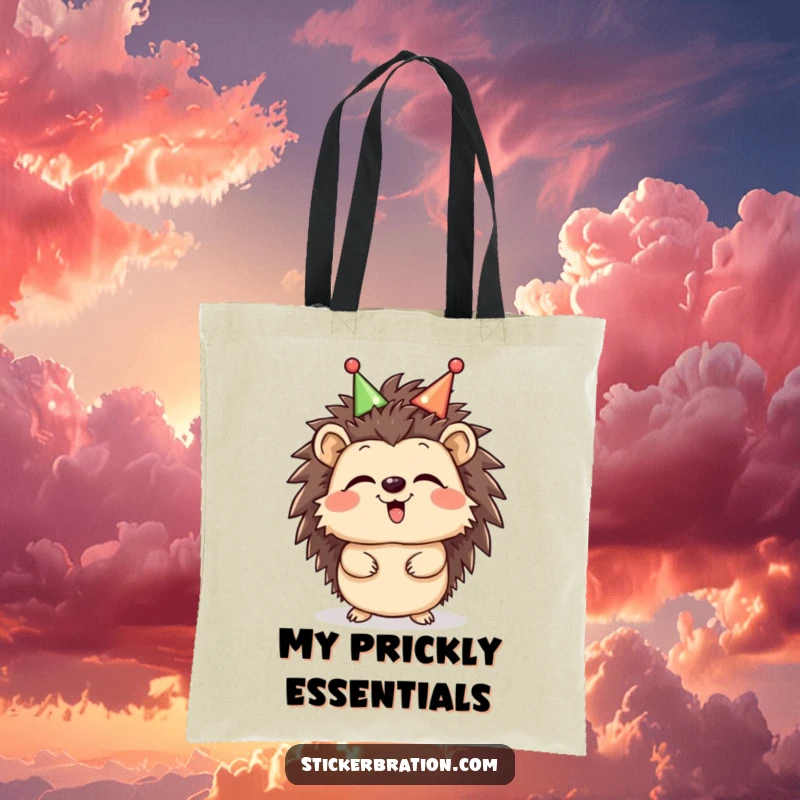 Funny Hedgehog Giggle Tote Bag featuring a giggling hedgehog wearing a celebratory headband, perfect for shopping while showcasing a cheerful and humorous style.